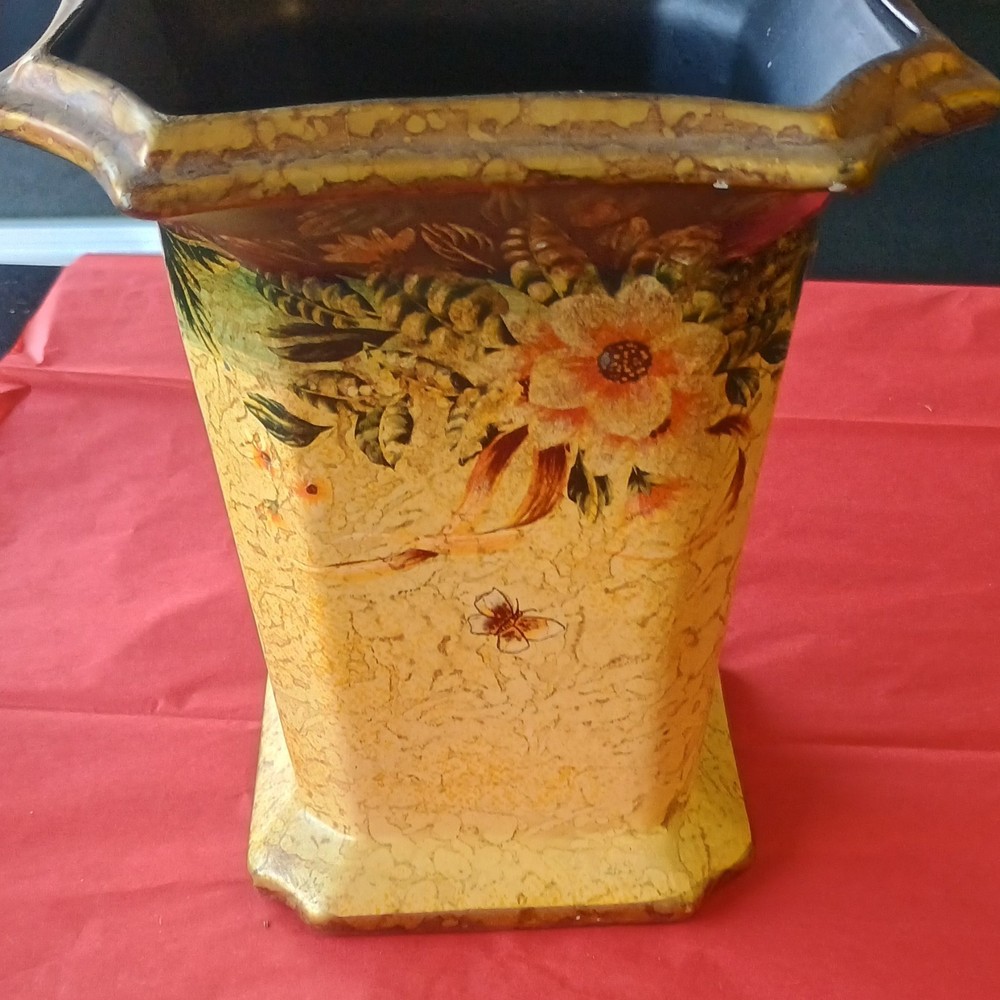 Ceramic Vase Glossy Finish Multicolor Floral Butterfly Decorative Yellow Brown