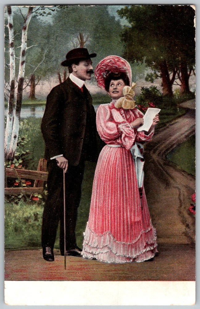 Antique Postcard Couple Reading Letter 1910s