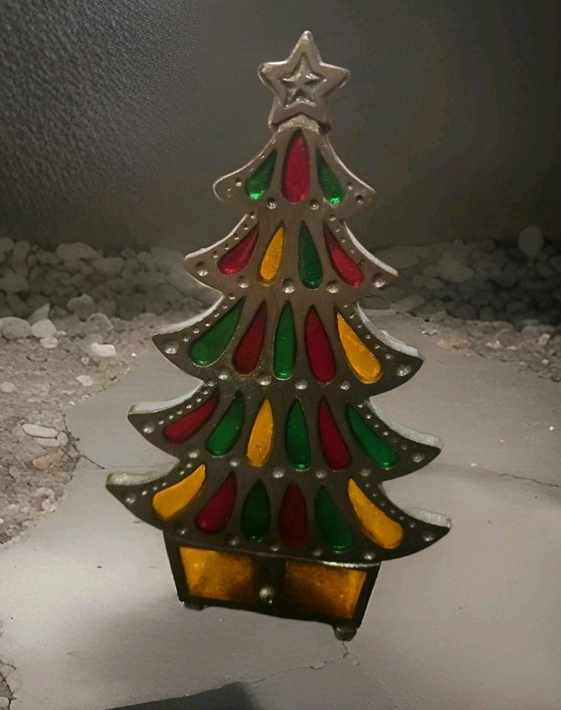 Vintage 1980s Stained Glass Glo-Candle Cast Iron Holder Christmas Tree Japan