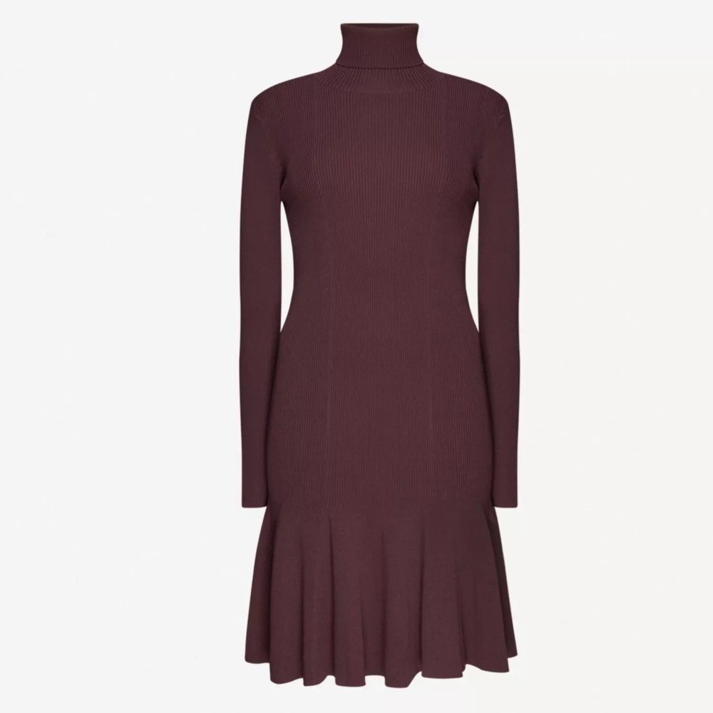 Reiss Mimi Ribbed Berry Knit Turtleneck Dress Small Fluted Hem Chic Minimalist