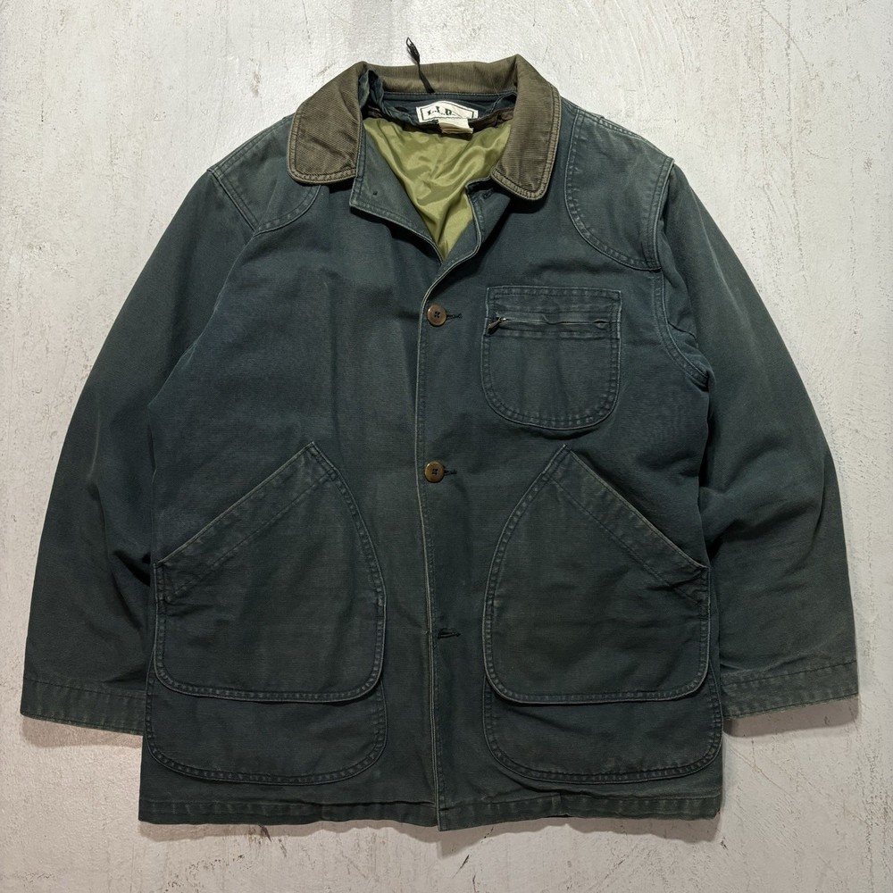 Mens Vintage LL Bean Button Up Workwear Work Green Corduroy Collar Chore Jacket