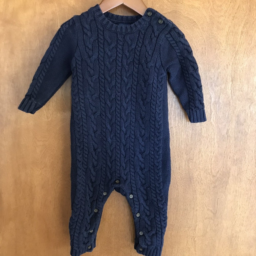 Baby Gap 6-12 Months Navy Blue Cable Knit One-Piece Sweater Romper Aran Uniform