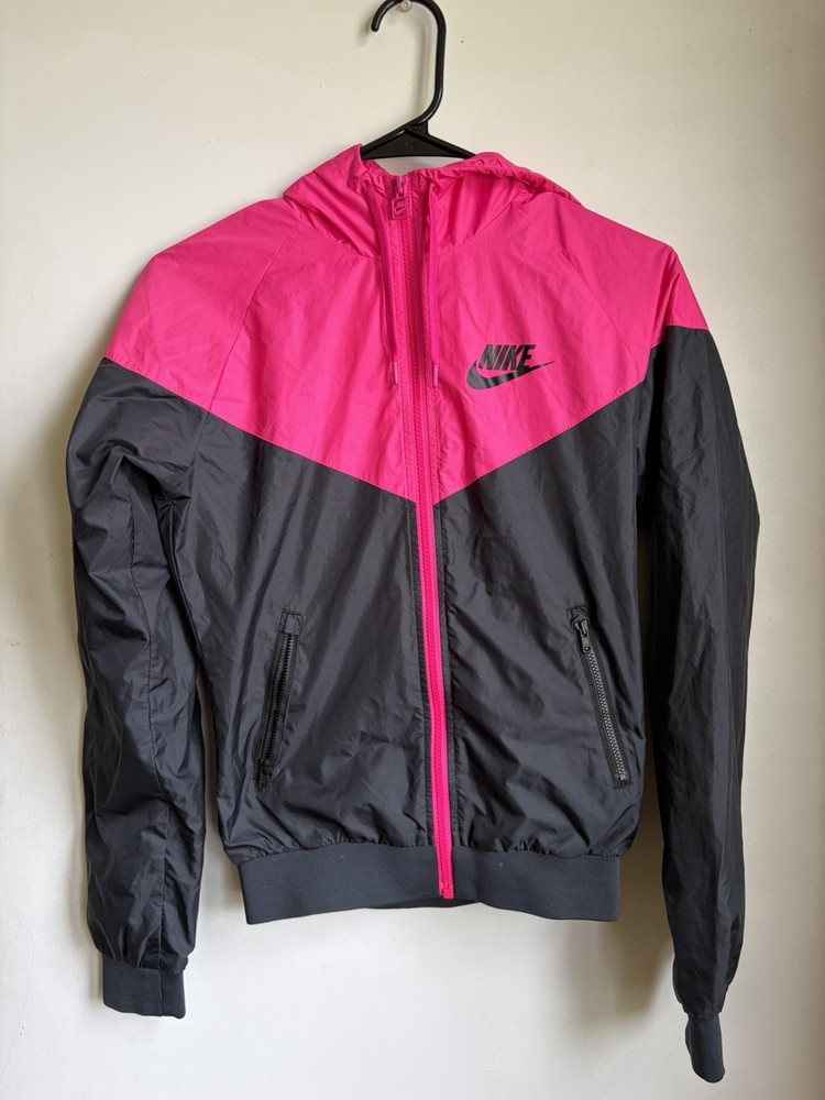 Nike Windbreaker Jacket Womens XS Hooded Pink Black Colorblock Full Zip