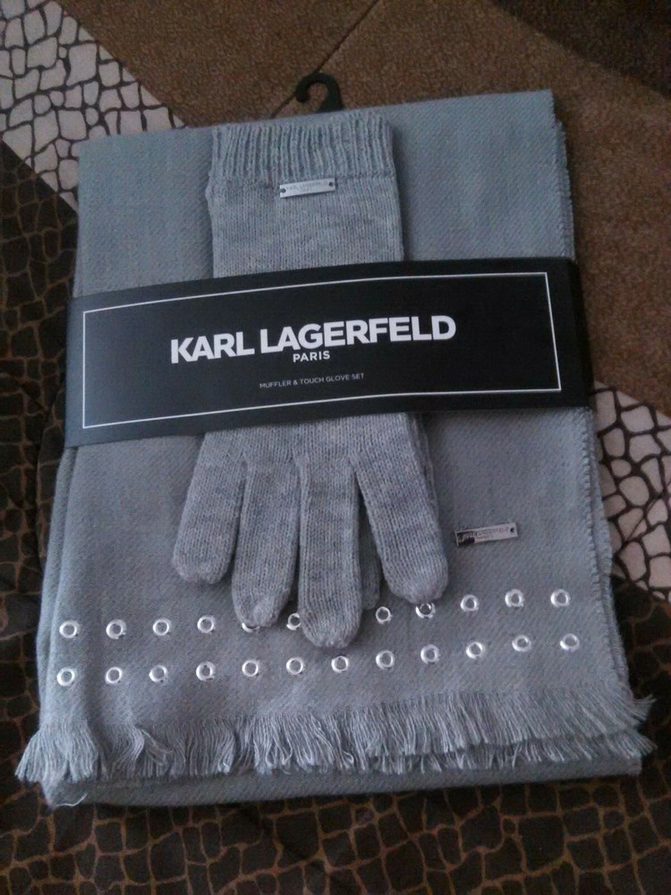 Cute Karl Lagerfeld gray white metal logo women set of muffler and touch gloves $58