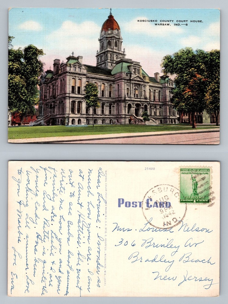 Warsaw, IN-Indiana, Kosciusko County Courthouse PC c1942 Old Vintage Postcard