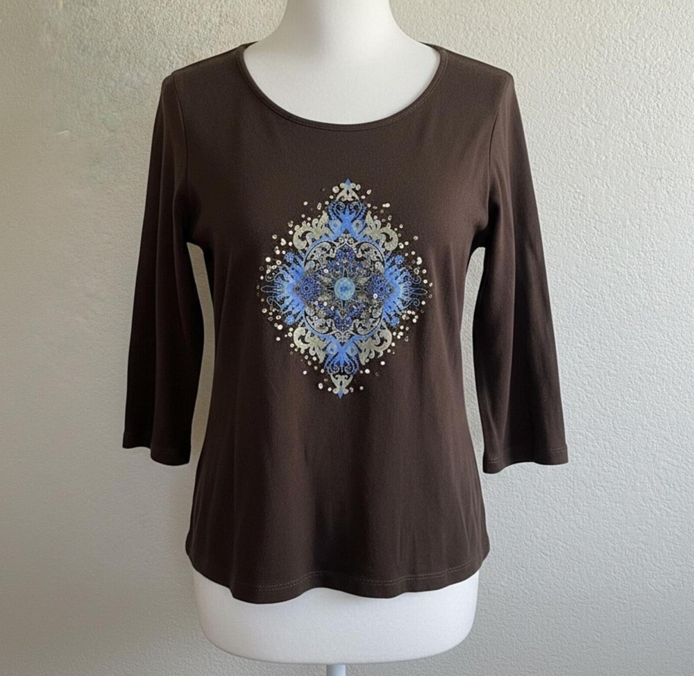 Christopher & Banks embellished Brown 3/4 Sleeve Top with Blue Pattern XL