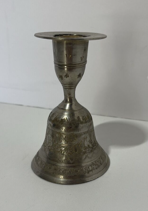 Vintage Etched Bell Candle Holder Silver Brass India? 3.75