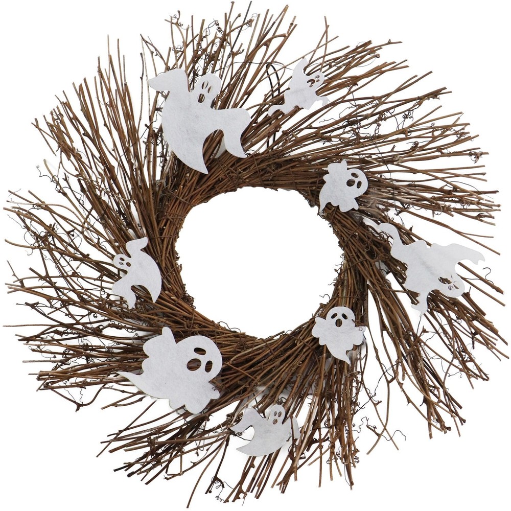 Haunted Hill Farm 20IN Pre-Lit Halloween Wreath with Ghost Decorations