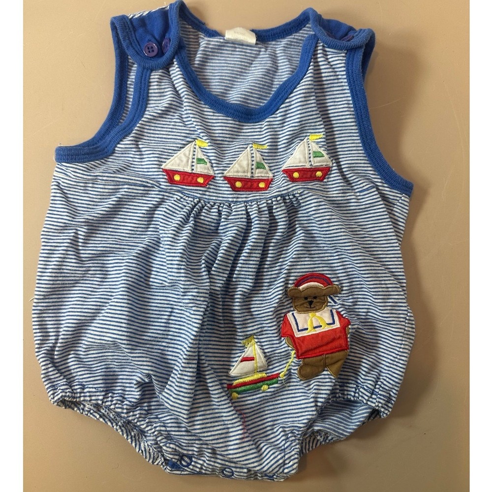 Vintage Le Top Baby Boy Bubble Romper Blue Stripe Nautical Sailboat 24 Months