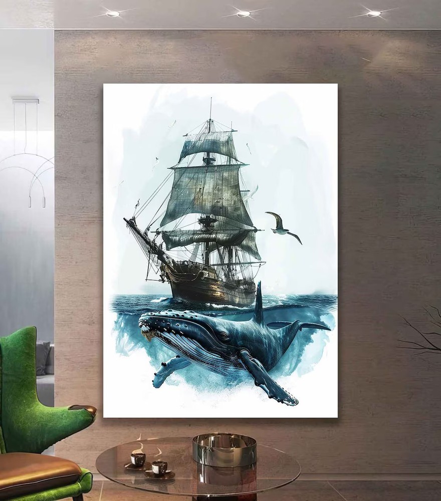 Whale Painting, Large Sailboat Ocean Creature Wall Art Canvas Unframed Print Art