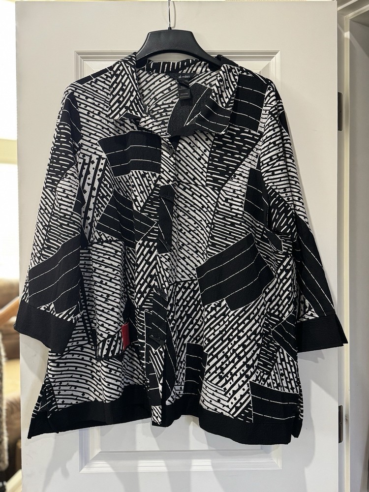 Ali Miles Button Up Tunic Women 2X Black White Abstract Artsy Lagenlook Relaxed