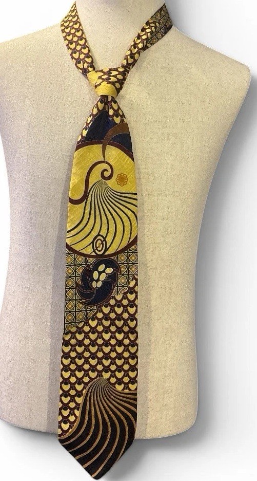 Pangborn Design Collection 100% Silk Tie Made Italy Gold Burgundy Navy Art Deco