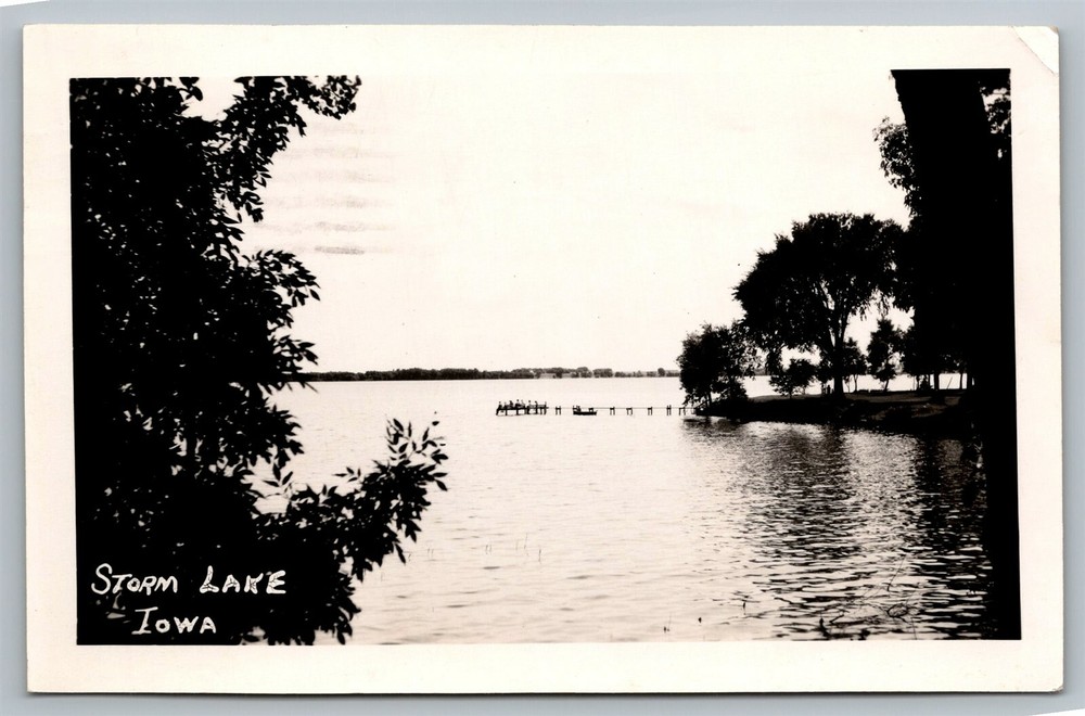 RPPC Storm Lake Iowa IA Scenic View Dock Pier on the Lake Real Photo Postcard