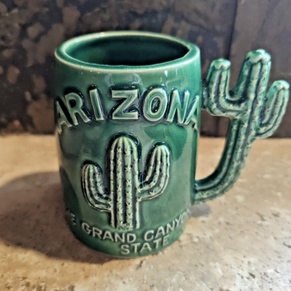 Vintage Green Arizona The Grand Canyon State Mug Saguaro Cactus Handle