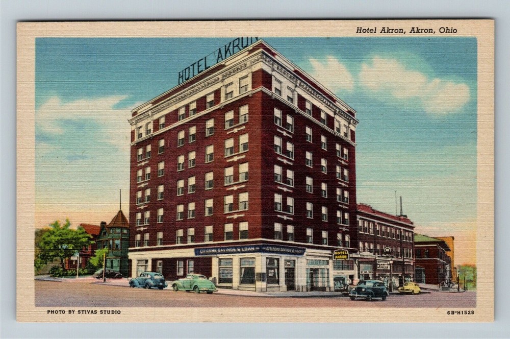 Akron OH-Ohio, Hotel Akron, Citizens Savings Bank, Antique Vintage Postcard