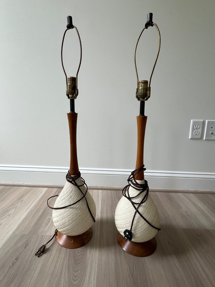 Pair Vintage Teak/Chalkware/Ceramic Table Lamp MCM Mid Century Modern 1960s