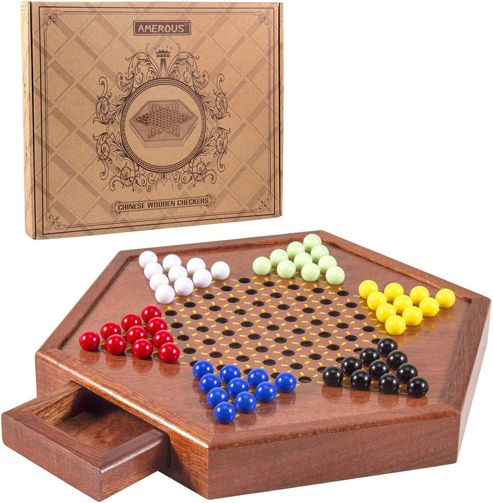 12.5 Inches Wooden Chinese Checkers Set with Storage Drawer - 60 Acrylic Marbles
