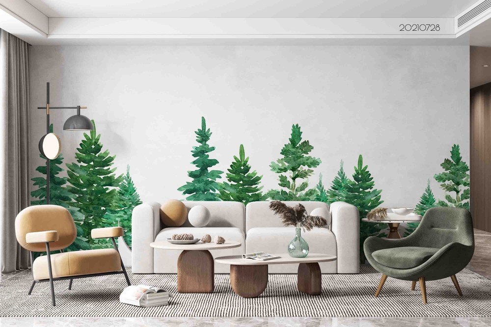 3D Green Pine Forest Watercolor Wall Murals Wallpaper Murals Wall Sticker