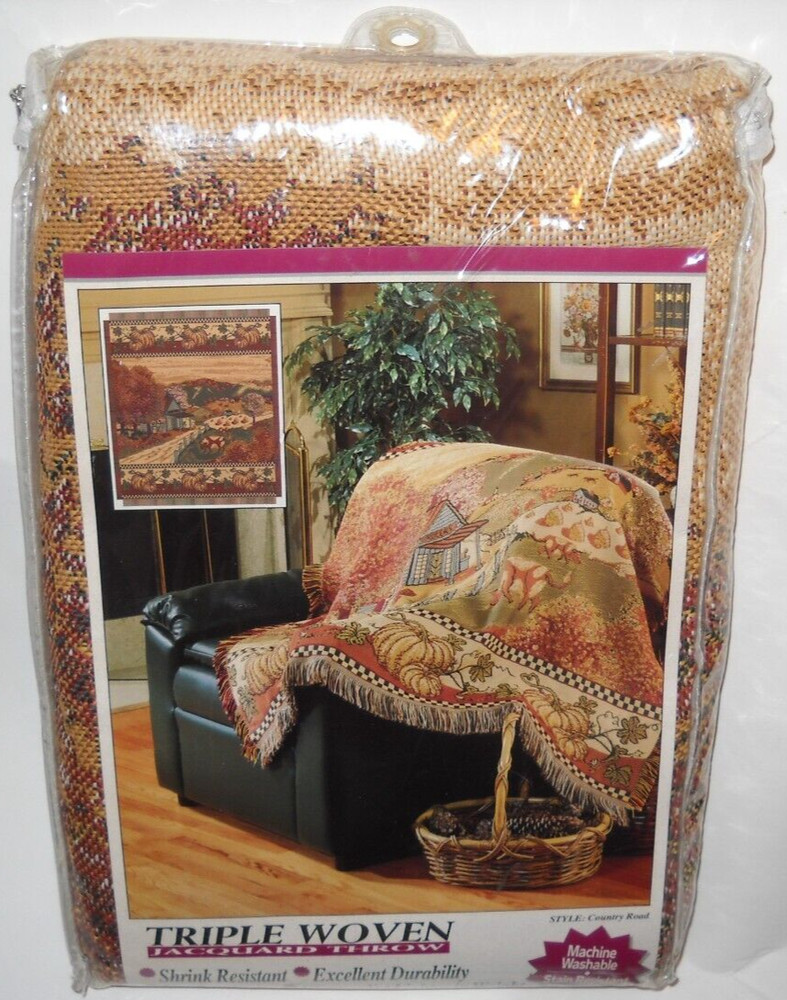 1995 Jacquard Throw Blanket COUNTRY ROAD Fall USA Made American Weavers 50