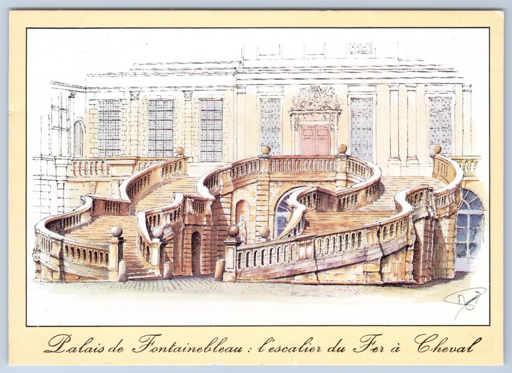 France Palais de Fontainebleau Horseshoe Staircase Michel Perreard Art Postcard