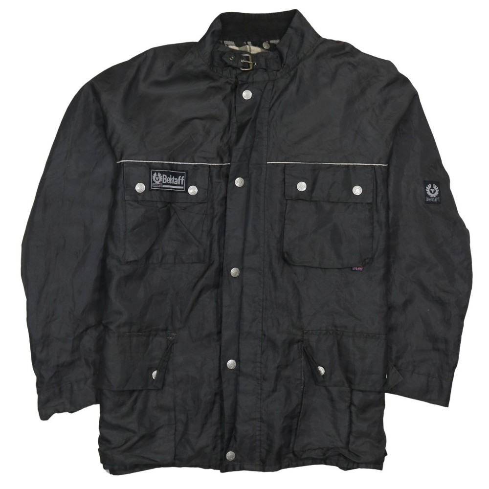 Belstaff Mens Jacket Black Waxed Belted Four Pocket Reflective Biker Coat L