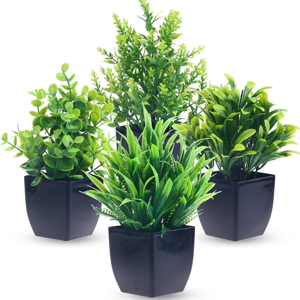 4 Pack Fake Plants in Black Pot Mini Artificial Eucalyptus Potted Plant Small Fa