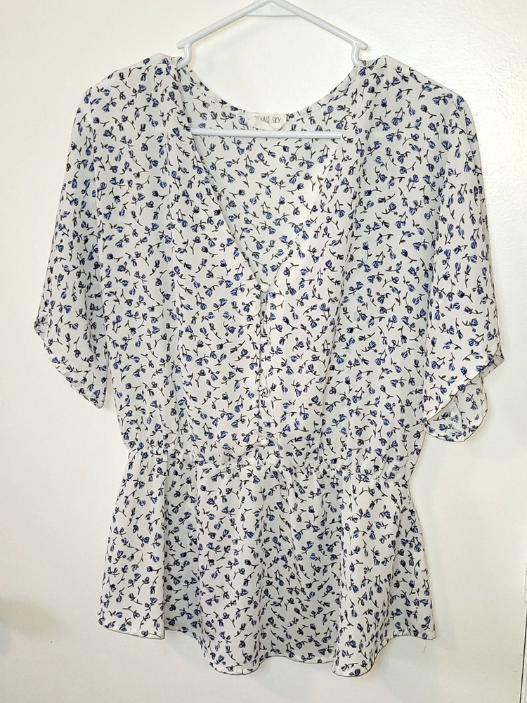 Sienna Sky White & Blue Floral Blouse Sz Large