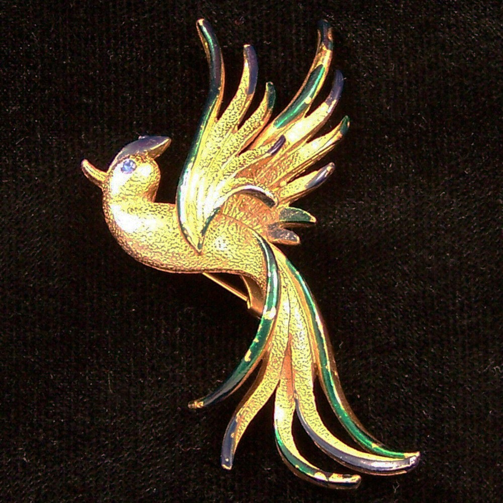 Vintage Bird Pin Blue Green Enamel Fancy Wings Rhinestone Gold Tone Brooch