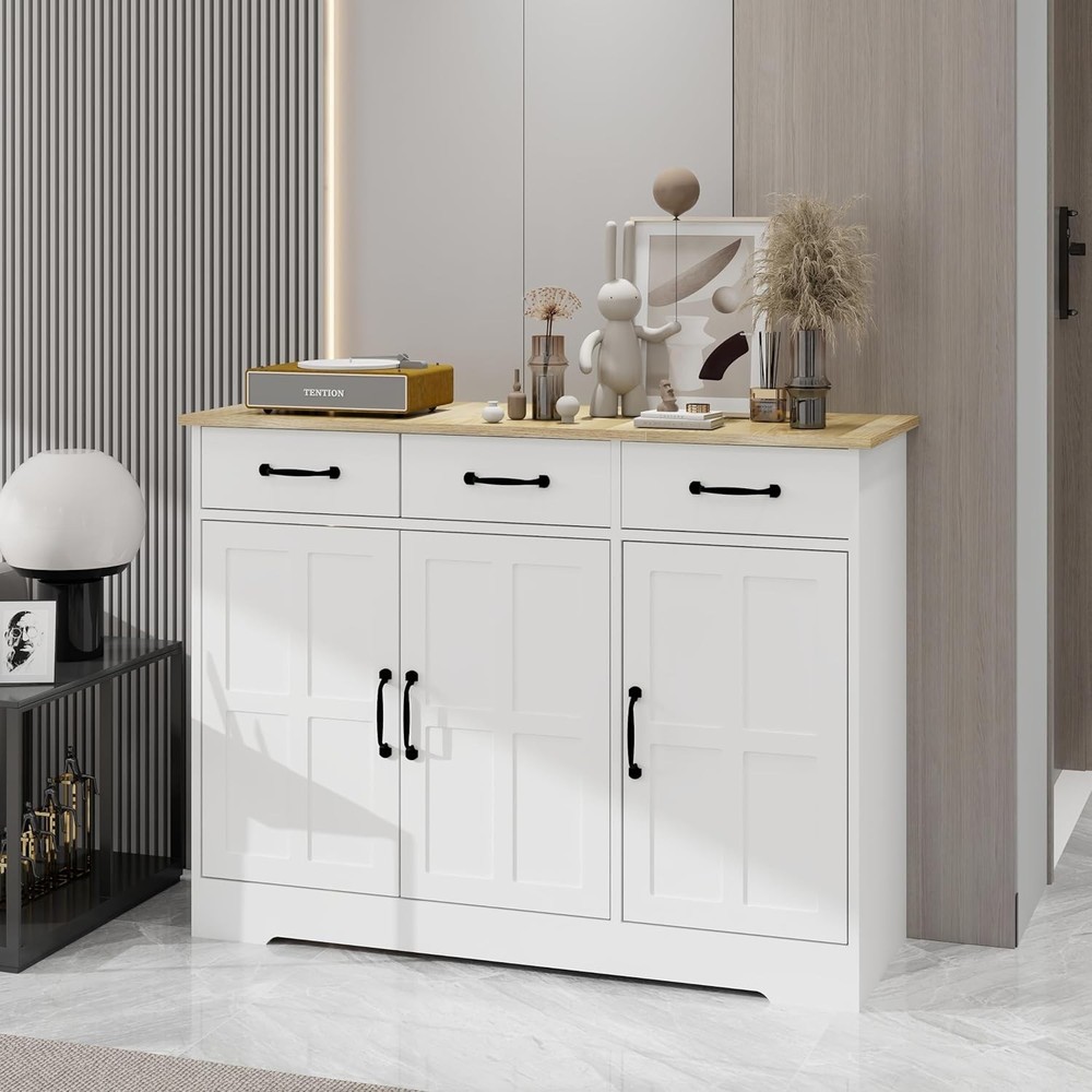 White Farmhouse Buffet Cabinet with 42.71 Inch Large Storage Space