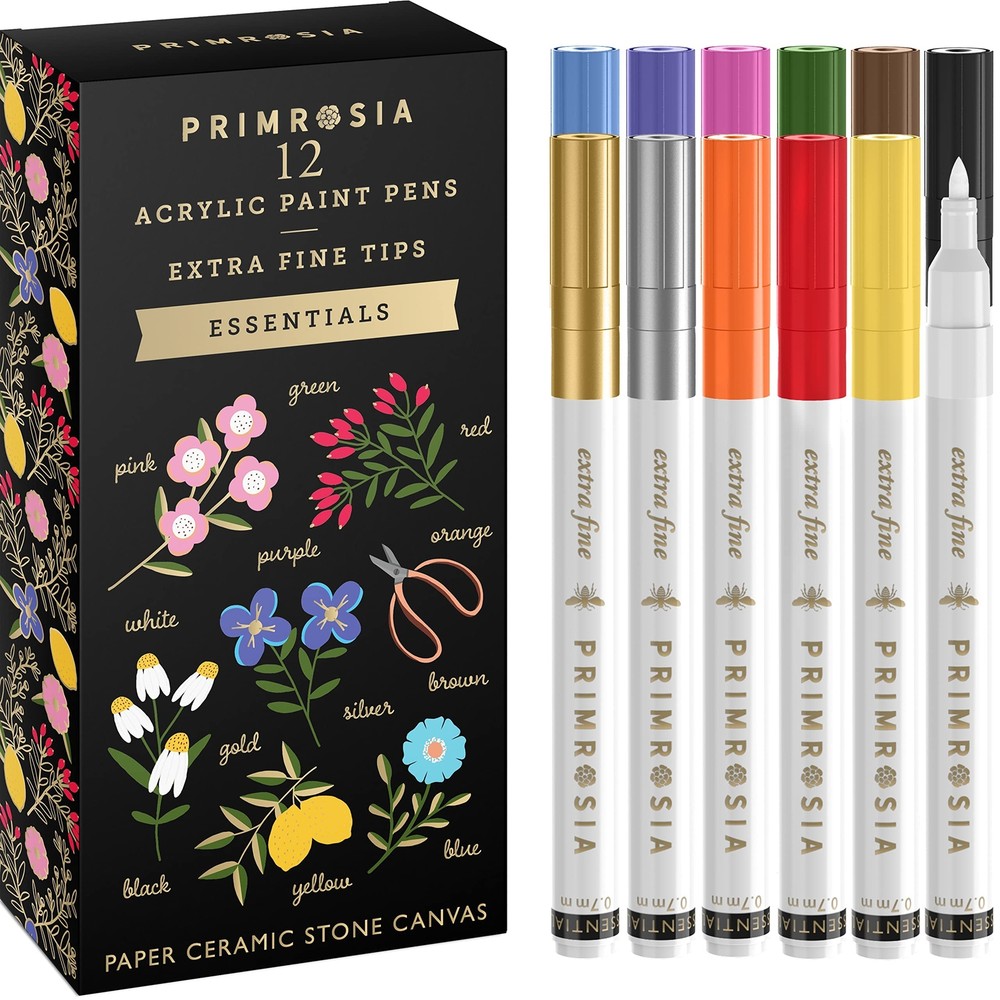 Primrosia 12 Essential Acrylic Paint Pens – Extra Fine Tip Markers Set. Prima...