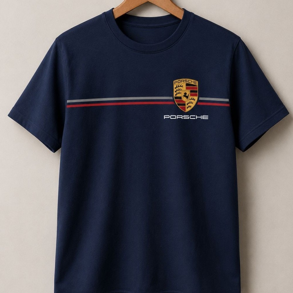 Porsche Crest Military Green T-Shirt Racing Stripe Graphic Tee Unisex