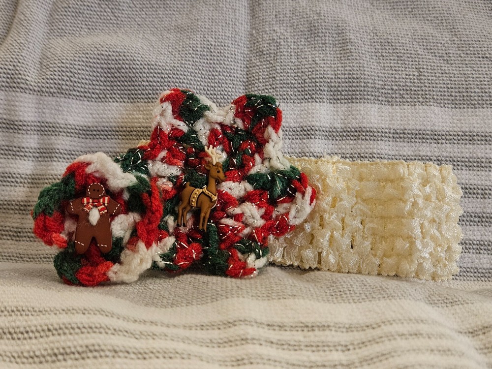 Multicolor Christmas Crochet Flower with Accent Buttons on Newborn Headband-image