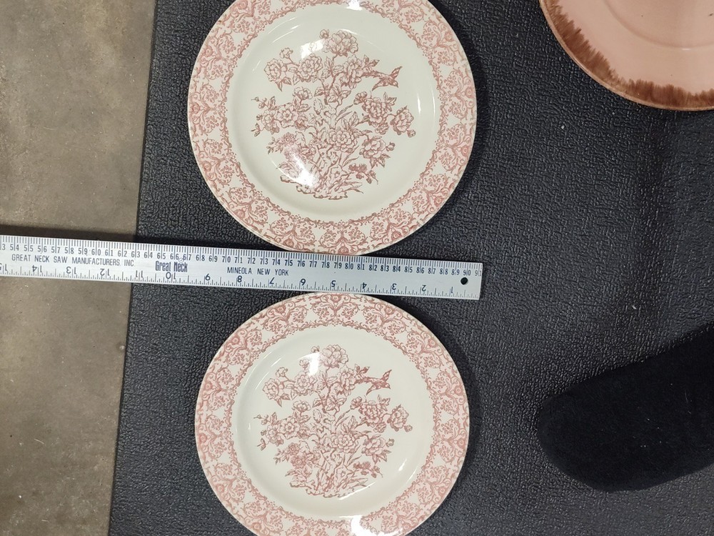 Royal Pink Floral Ceramic Plates Set Two-Piece Glossy Round ~20cm