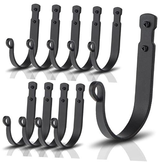 Wrought Iron Wall Mounted Hooks Heavy Duty Garage Storage J Hook Black x 10