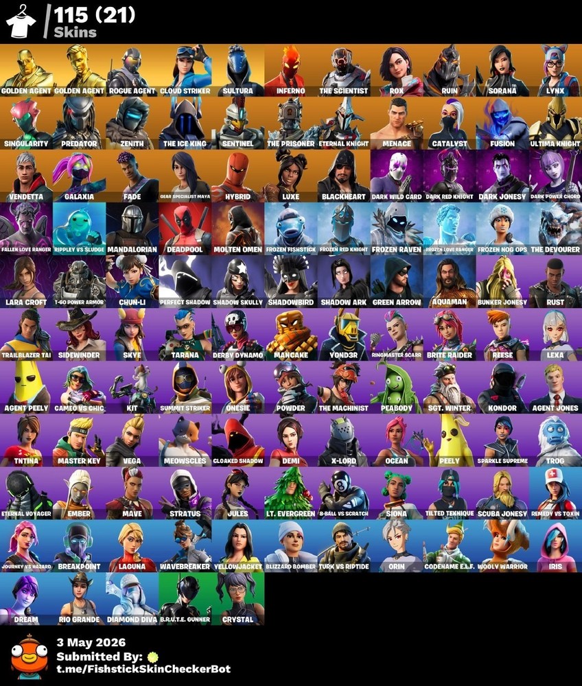 Chun-Li, Peely, Lara Croft, Deadpool, Leviathan Axe, Galaxia, Rogue Agent / 115
