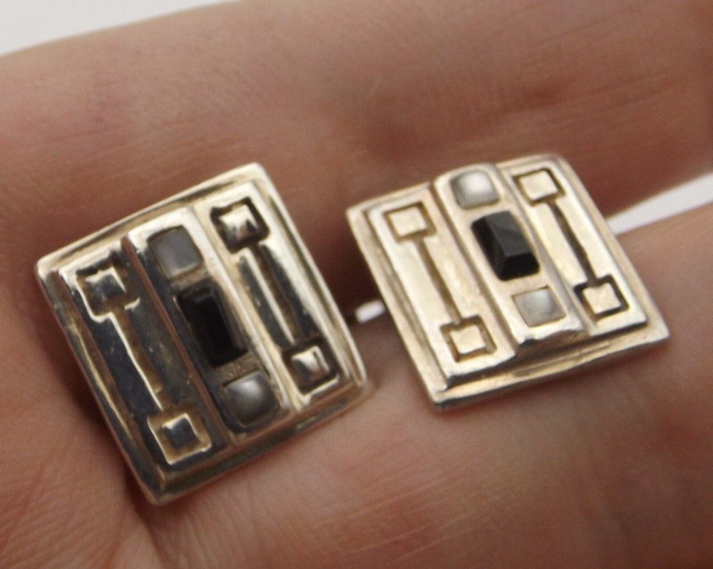 CUFFLINKS Onyx and moonstone sterling silver square cuff links by Kit Heath 1996
