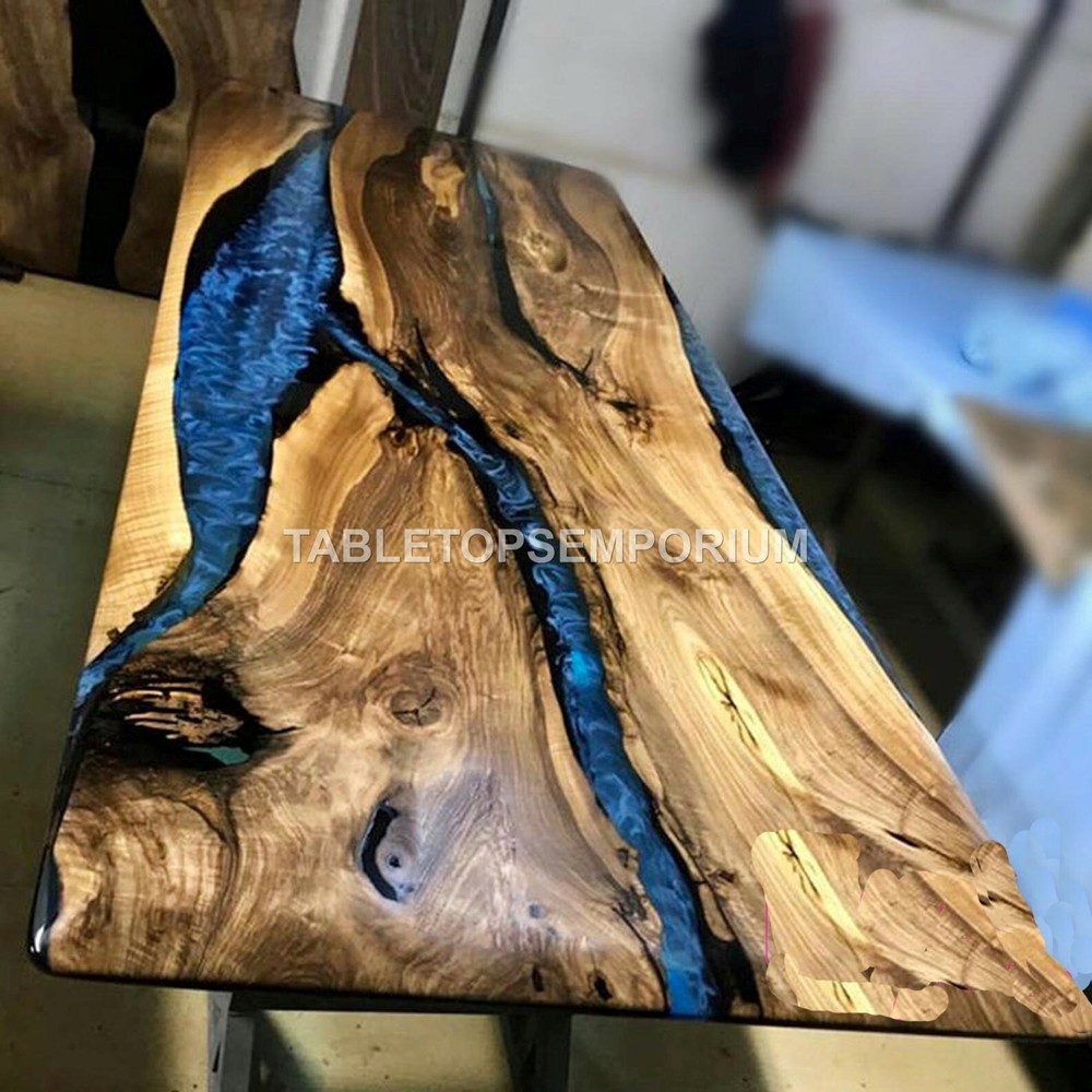 Acacia Wooden Custom Epoxy Restaurant Dining Table Blue Resin River Design Décor-image
