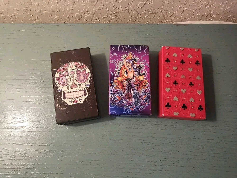 Lot Of (3) Plastic Cigarette Cases-Glow In Dark, Fantasy & Playing Cards-Good