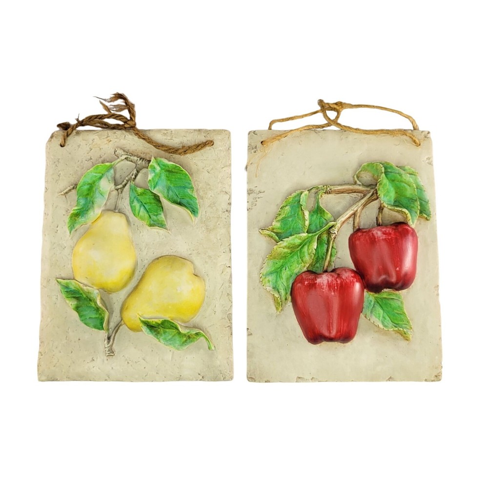 Vtg Wall Art 3D Hand-Painted 2 Plaques Fruit Apples & Pears Rustic Kitchen Decor