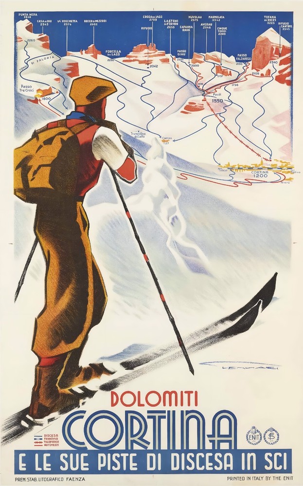 Dolomiti Cortina Italy Winter Sports Ski Skiing Vintage Travel Poster Print