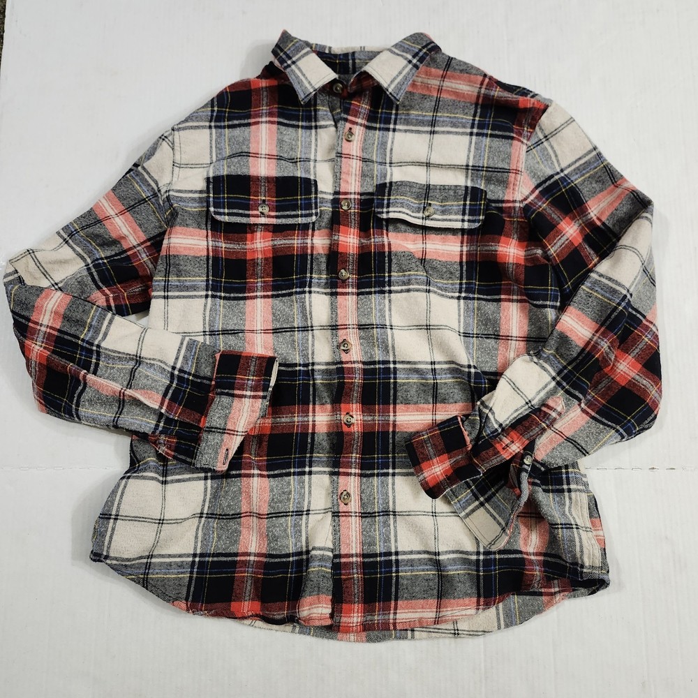 Old Navy Men Size Large Flannel Shirt Cream Plaid 100% Cotton Regular Fit