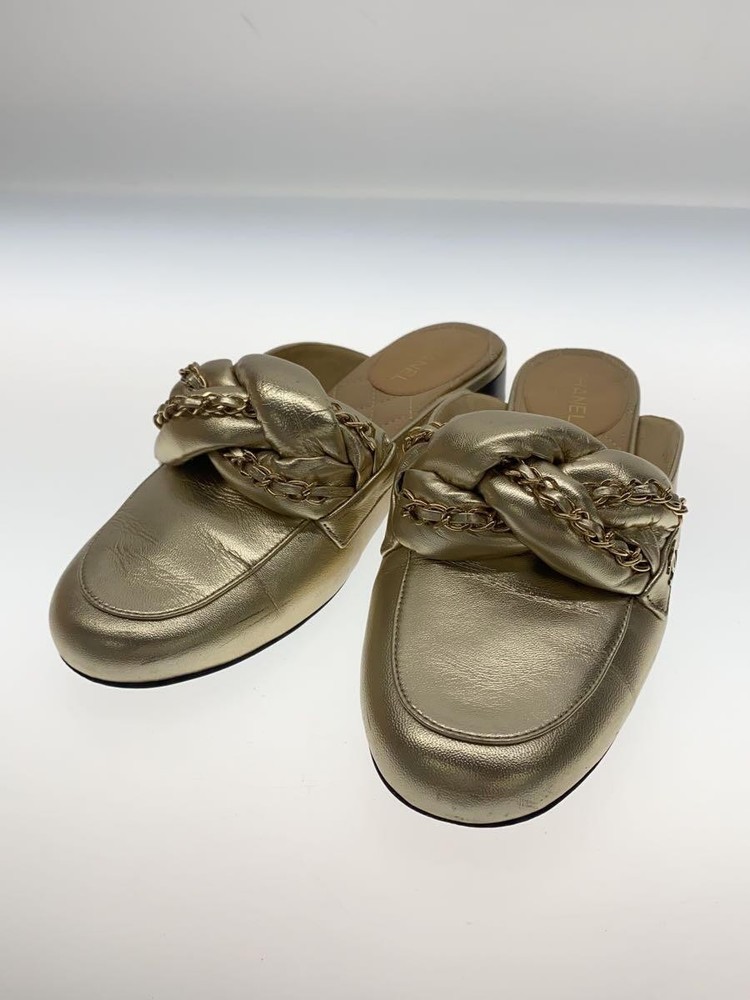 CHANEL Gold Metallic Leather Flat Mules Sandals EU 37 Preowned