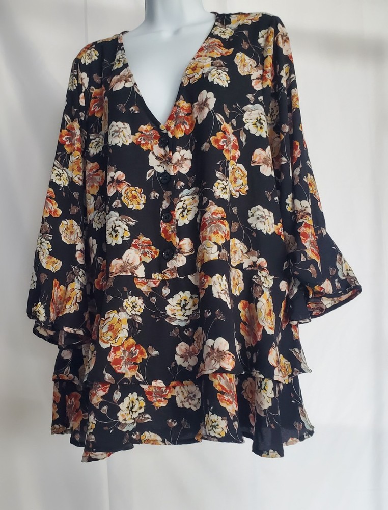 Ophelia Roe Floral Peplum Blouse Plus Size 1X Black Bell Sleeve Boho Top