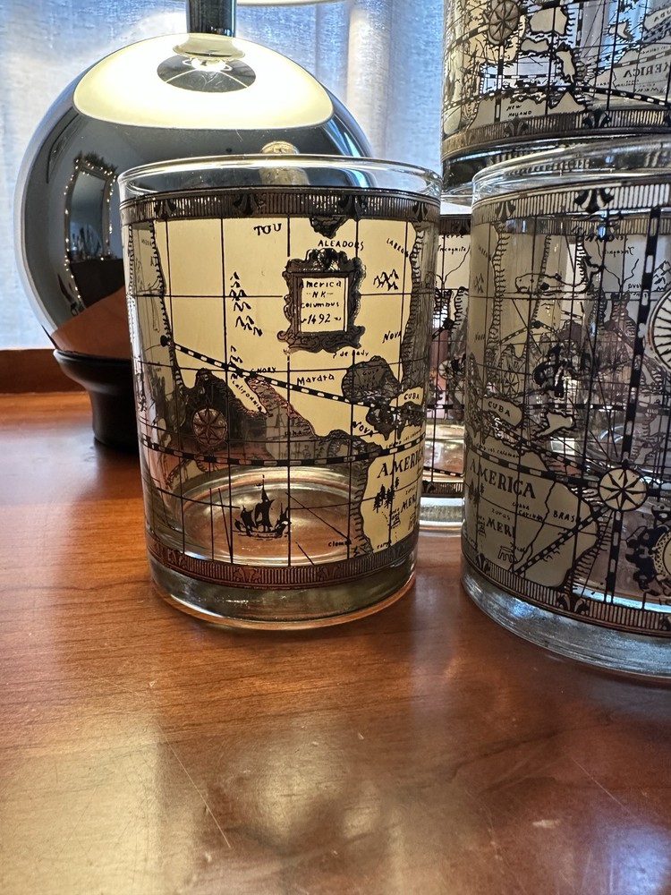 Vintage CERA 22 KARAT GOLD OLD WORLD ATLAS OLD FASHIONED COCKTAIL GLASSES OF 6