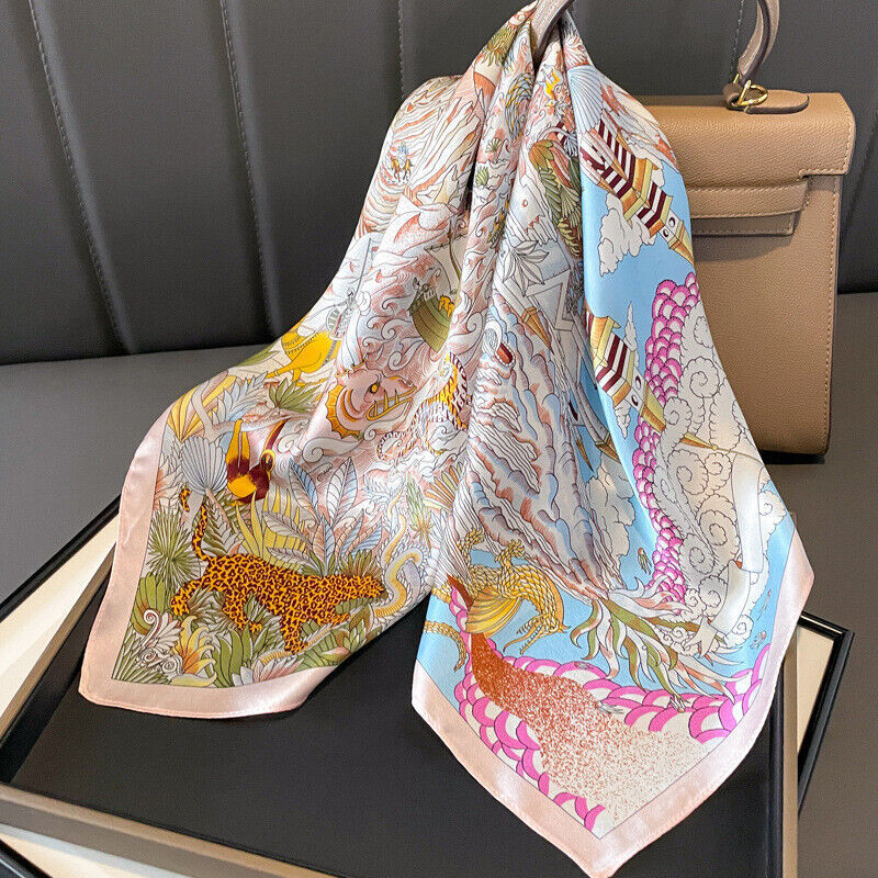 100% Silk Mulberry 26-Inch Square Scarf Jungle Animal Print Womens Wrap Neckerchief