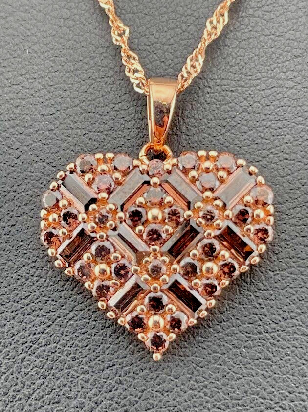 Rose Gold 925 Sterling Silver Mocha Cz Heart Necklace 18-20