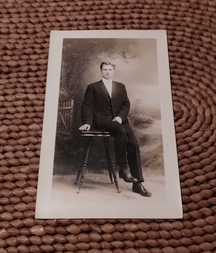 Antique c1920 Handsome Man RPPC Postcard Gay Interest Suite Stool Posing