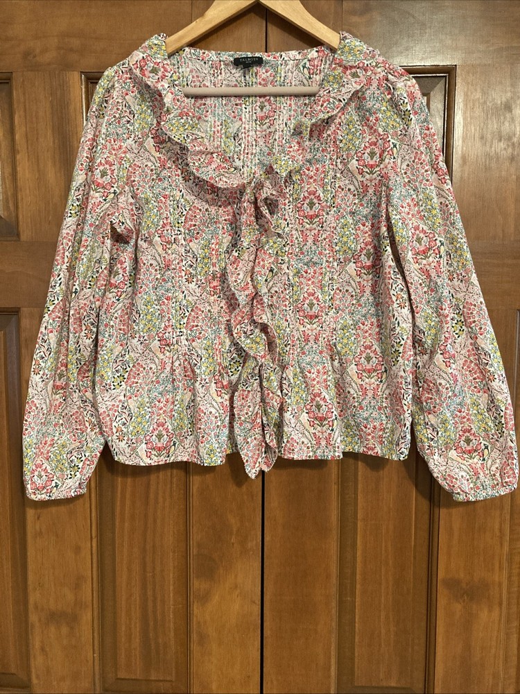 Talbots 100% Cotton Floral Ruffle Front Button Up Shirt Top Women’s Sz Large P