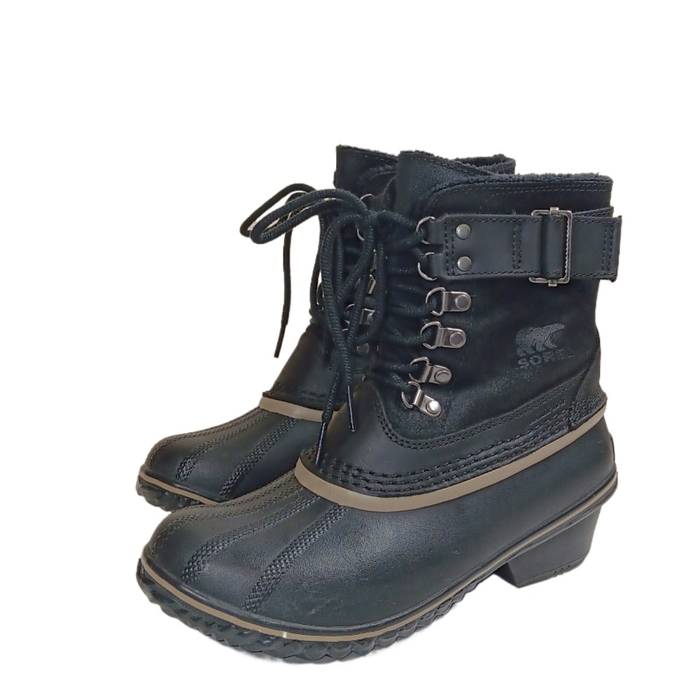 Sorel Womens Fancy Lace Duck Boots Size 7 Black Leather Suede Waterproof Rubber