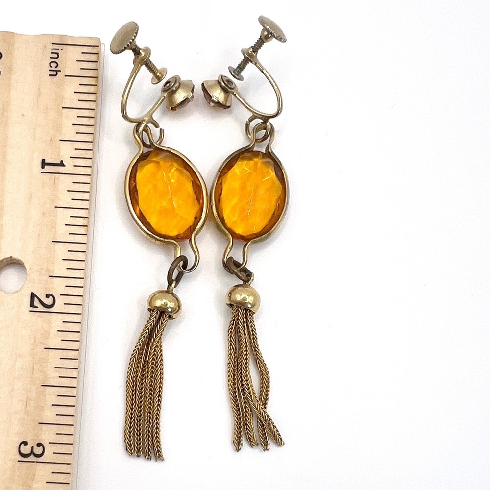 Vintage Amber Glass Tassel Dangle Earrings Gold Tone Screw Back Art Deco Style